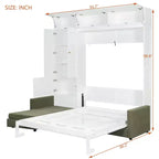 Whisen Queen Murphy Bed Wall Bed & Bed Frame with Beige Sofa and Shelves, Green Panel