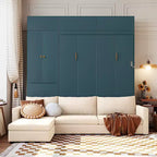 Whisen Queen Murphy Bed Wall Bed & Bed Frame with Beige Sofa and Shelves, Green Panel