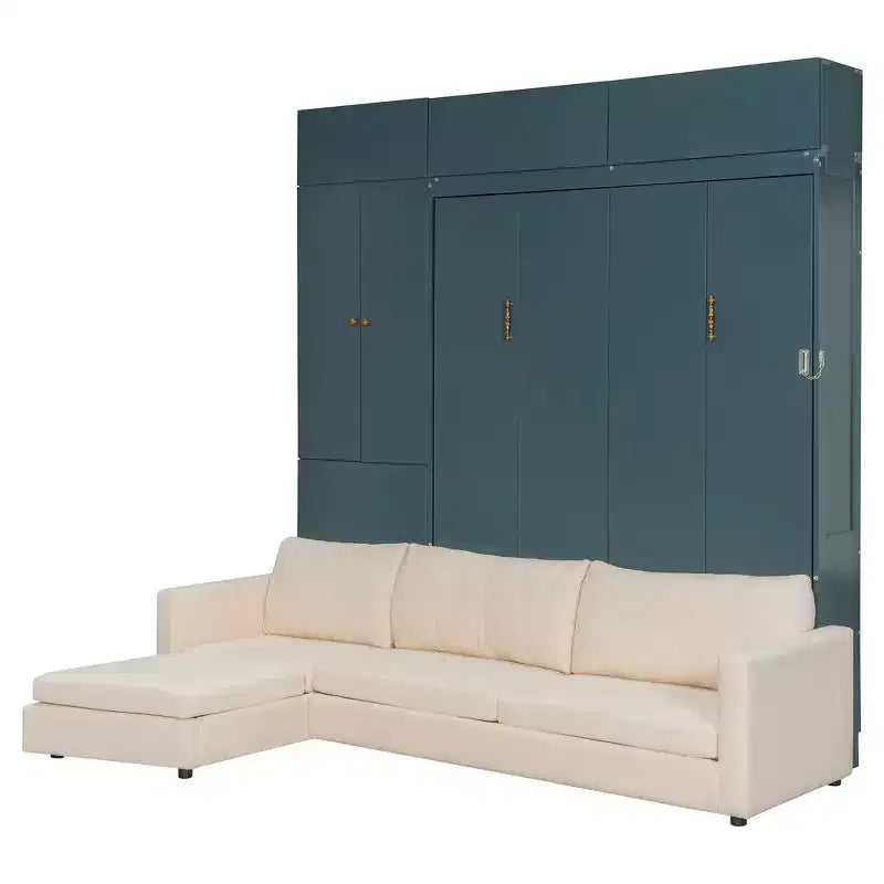 Whisen Queen Murphy Bed Wall Bed & Bed Frame with Beige Sofa and Shelves, Green Panel