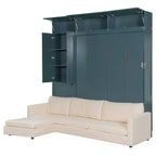 Whisen Queen Murphy Bed Wall Bed & Bed Frame with Beige Sofa and Shelves, Green Panel