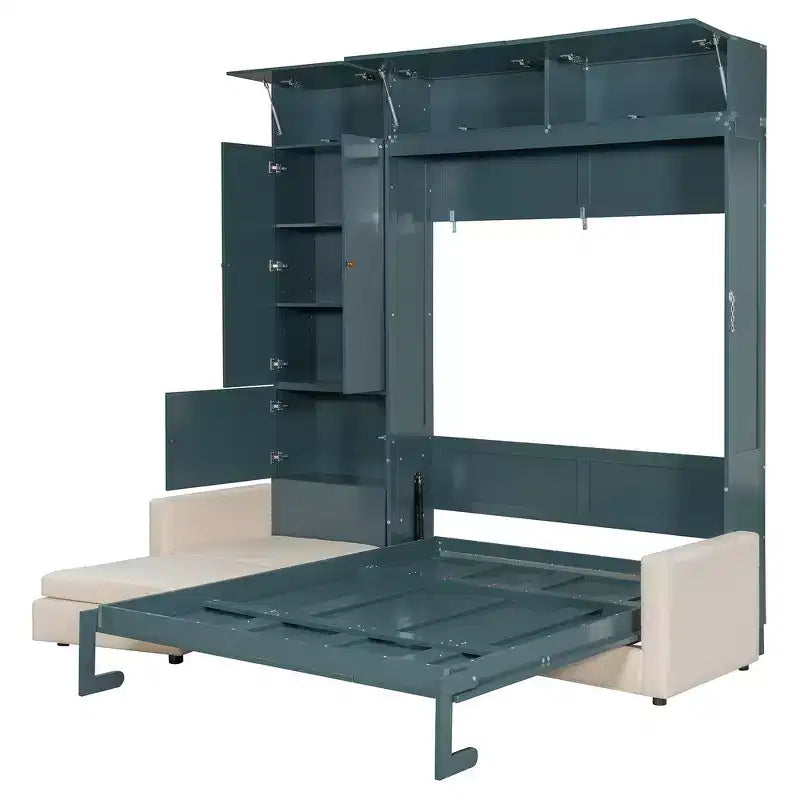 Whisen Queen Murphy Bed Wall Bed & Bed Frame with Beige Sofa and Shelves, Green Panel