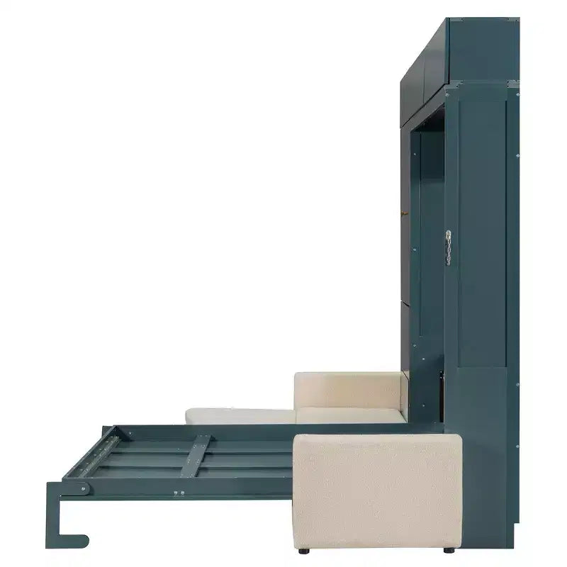 Whisen Queen Murphy Bed Wall Bed & Bed Frame with Beige Sofa and Shelves, Green Panel