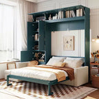 Whisen Queen Murphy Bed Wall Bed & Bed Frame with Beige Sofa and Shelves, Green Panel