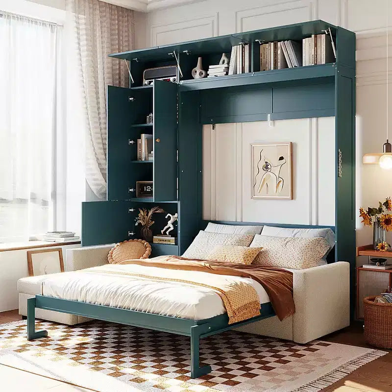 Whisen Queen Murphy Bed Wall Bed & Bed Frame with Beige Sofa and Shelves, Green Panel