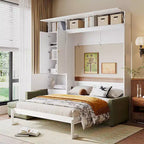Whisen Queen Murphy Bed Wall Bed & Bed Frame with Beige Sofa and Shelves, Green Panel
