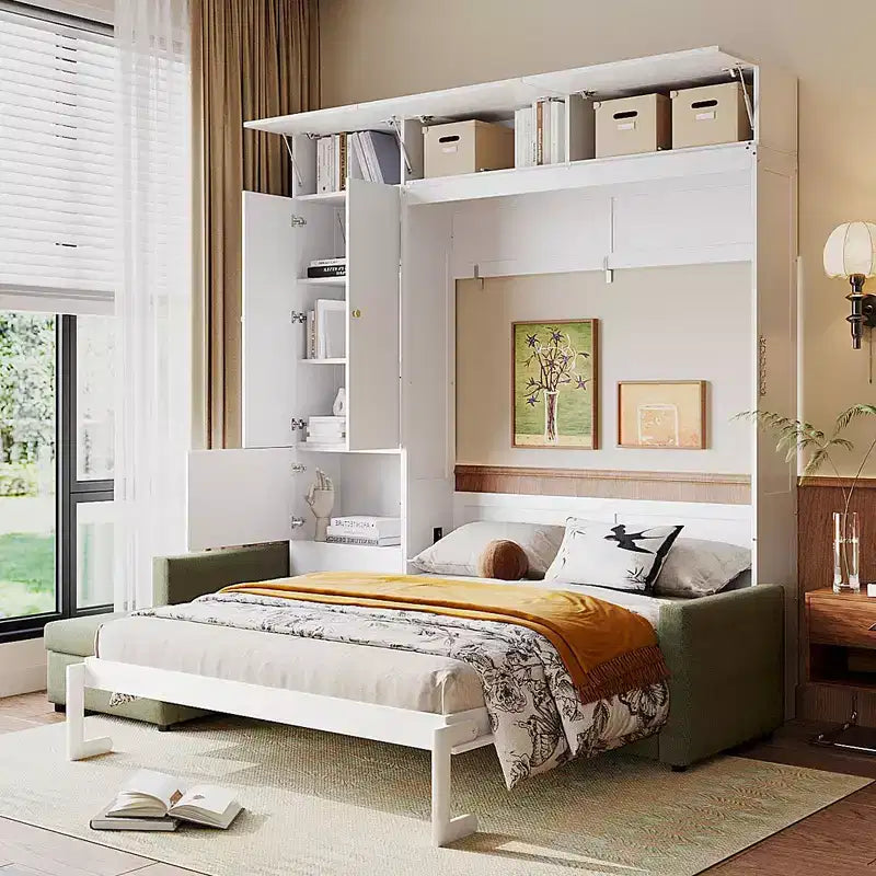 Whisen Queen Murphy Bed Wall Bed & Bed Frame with Beige Sofa and Shelves, Green Panel