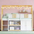 Luxystar Low Loft Bed with 2 Shelves, Cabinet and Lights, White and Natural