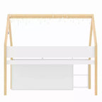 Lit mezzanine bas Luxystar avec 2 étagères, meuble de rangement et lumières, blanc et naturel