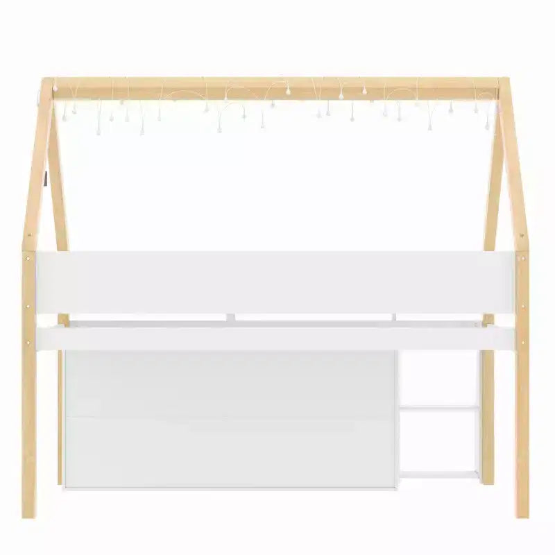 Lit mezzanine bas Luxystar avec 2 étagères, meuble de rangement et lumières, blanc et naturel