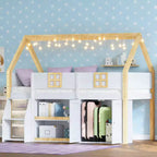 Lit mezzanine bas Luxystar avec 2 étagères, meuble de rangement et lumières, blanc et naturel