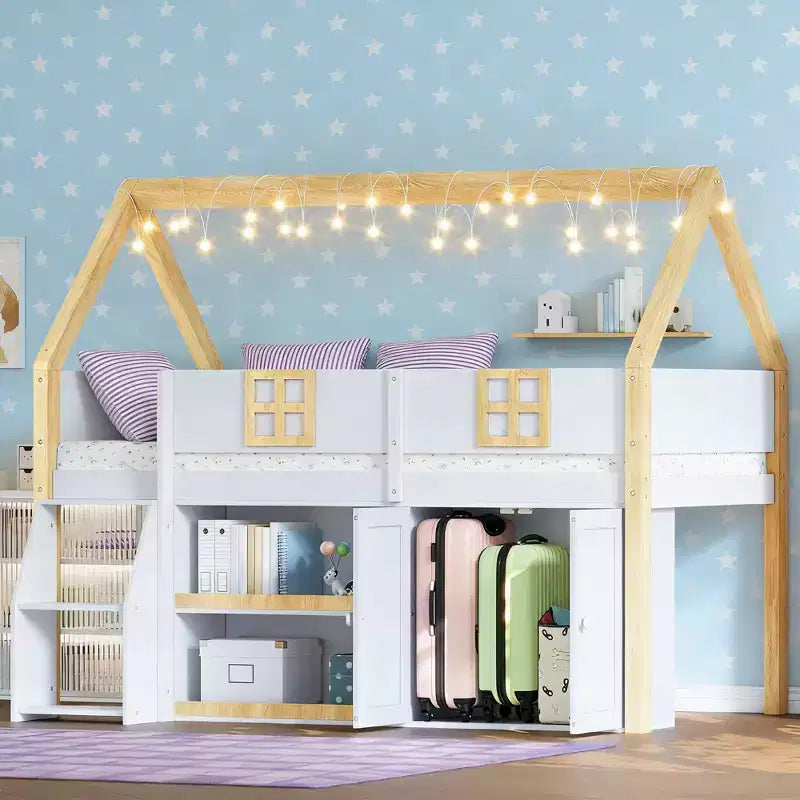 Lit mezzanine bas Luxystar avec 2 étagères, meuble de rangement et lumières, blanc et naturel