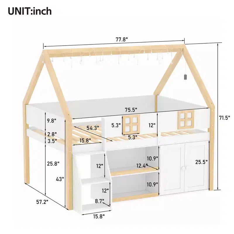 Lit mezzanine bas Luxystar avec 2 étagères, meuble de rangement et lumières, blanc et naturel