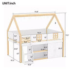 Lit mezzanine bas Luxystar avec 2 étagères, meuble de rangement et lumières, blanc et naturel