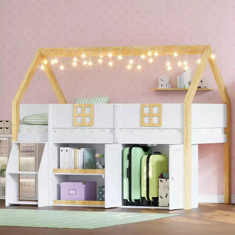 Lit mezzanine bas Luxystar avec 2 étagères, meuble de rangement et lumières, blanc et naturel