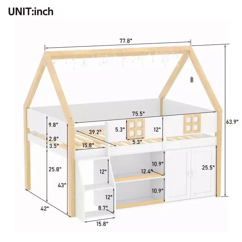 Lit mezzanine bas Luxystar avec 2 étagères, meuble de rangement et lumières, blanc et naturel