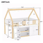 Lit mezzanine bas Luxystar avec 2 étagères, meuble de rangement et lumières, blanc et naturel