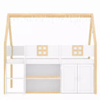Lit mezzanine bas Luxystar avec 2 étagères, meuble de rangement et lumières, blanc et naturel