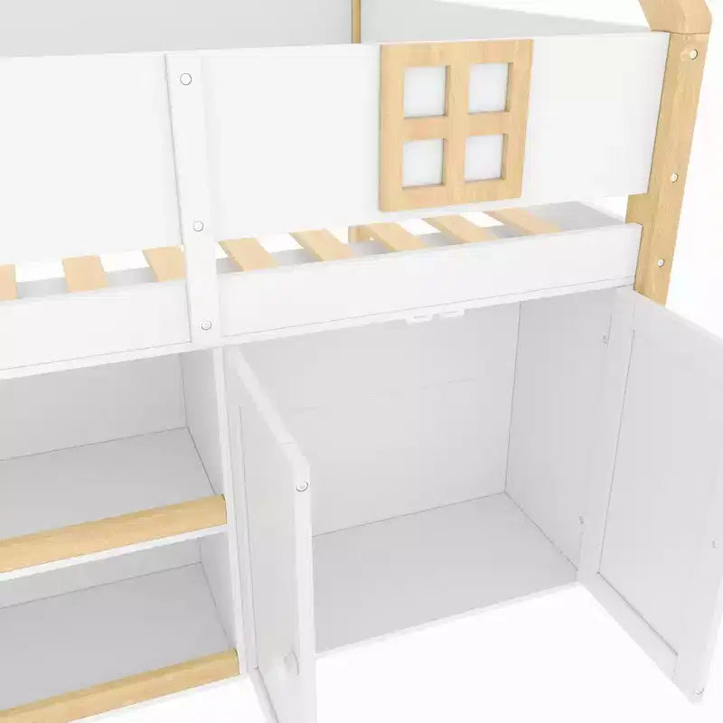 Lit mezzanine bas Luxystar avec 2 étagères, meuble de rangement et lumières, blanc et naturel