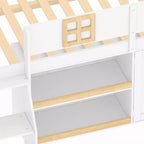 Lit mezzanine bas Luxystar avec 2 étagères, meuble de rangement et lumières, blanc et naturel