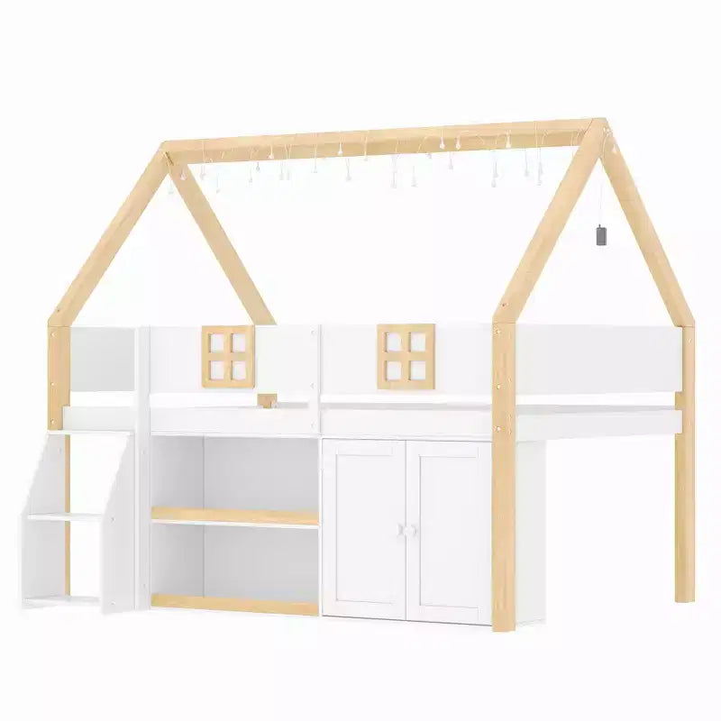 Lit mezzanine bas Luxystar avec 2 étagères, meuble de rangement et lumières, blanc et naturel