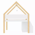 Lit mezzanine bas Luxystar avec 2 étagères, meuble de rangement et lumières, blanc et naturel