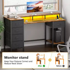 47 Inch Rustic Brown Computer Desk with Charging Station Reversible Gaming Desk LED Lights 5 Fabric Drawers Monitor Stand Home Office Writing Table