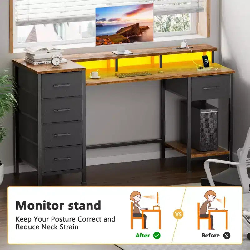 47 Inch Rustic Brown Computer Desk with Charging Station Reversible Gaming Desk LED Lights 5 Fabric Drawers Monitor Stand Home Office Writing Table