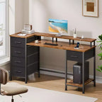47 Inch Rustic Brown Computer Desk with Charging Station Reversible Gaming Desk LED Lights 5 Fabric Drawers Monitor Stand Home Office Writing Table