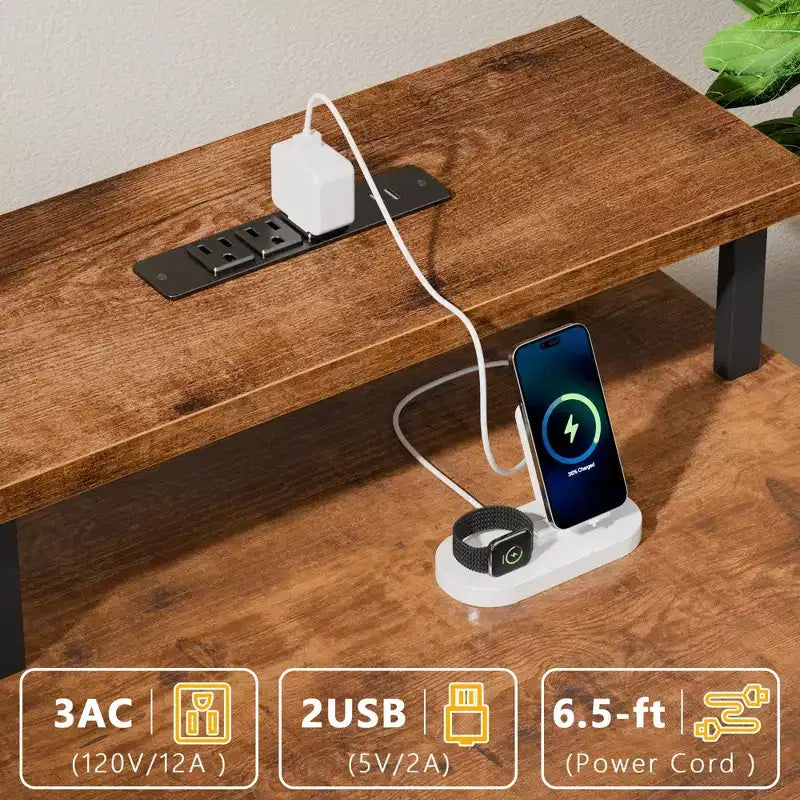 47 Inch Rustic Brown Computer Desk with Charging Station Reversible Gaming Desk LED Lights 5 Fabric Drawers Monitor Stand Home Office Writing Table