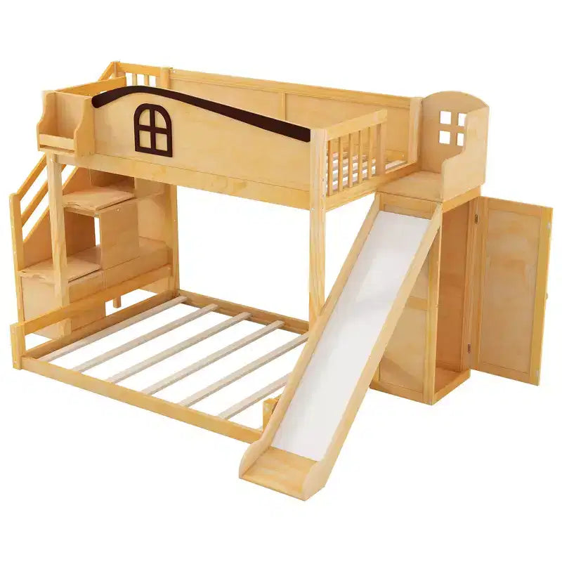 Luxystar Twin over Full Bunk Bed with Slide, Shelves, Storage Staircaseand Wardrobe for Kids' Room