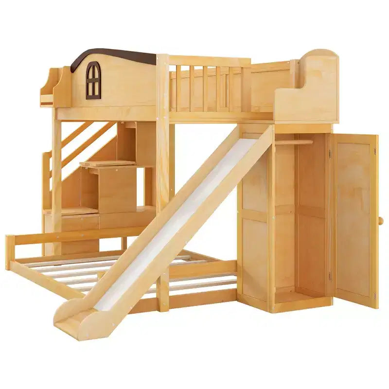 Luxystar Twin over Full Bunk Bed with Slide, Shelves, Storage Staircaseand Wardrobe for Kids' Room