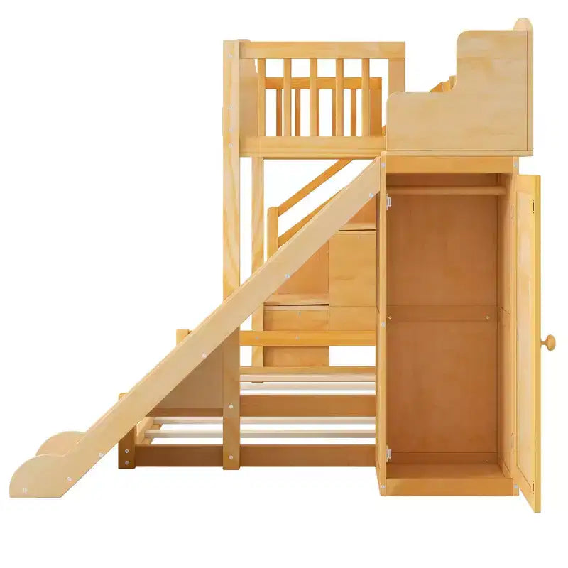 Luxystar Twin over Full Bunk Bed with Slide, Shelves, Storage Staircaseand Wardrobe for Kids' Room