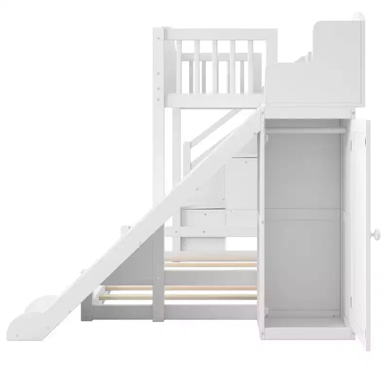 Luxystar Twin over Full Bunk Bed with Slide, Shelves, Storage Staircaseand Wardrobe for Kids' Room