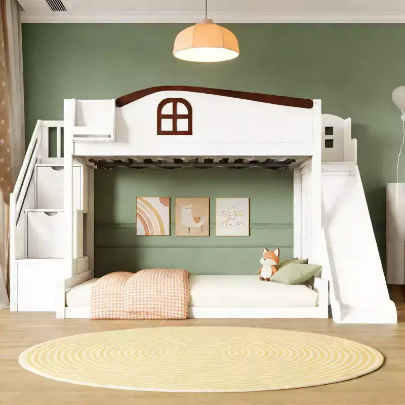 Luxystar Twin over Full Bunk Bed with Slide, Shelves, Storage Staircaseand Wardrobe for Kids' Room
