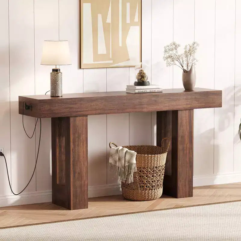 Sofa Console Table with Power Outlet, USB & Type-C Charging Ports, Extra Long Narrow Table for Entryway Hallway & Living Room