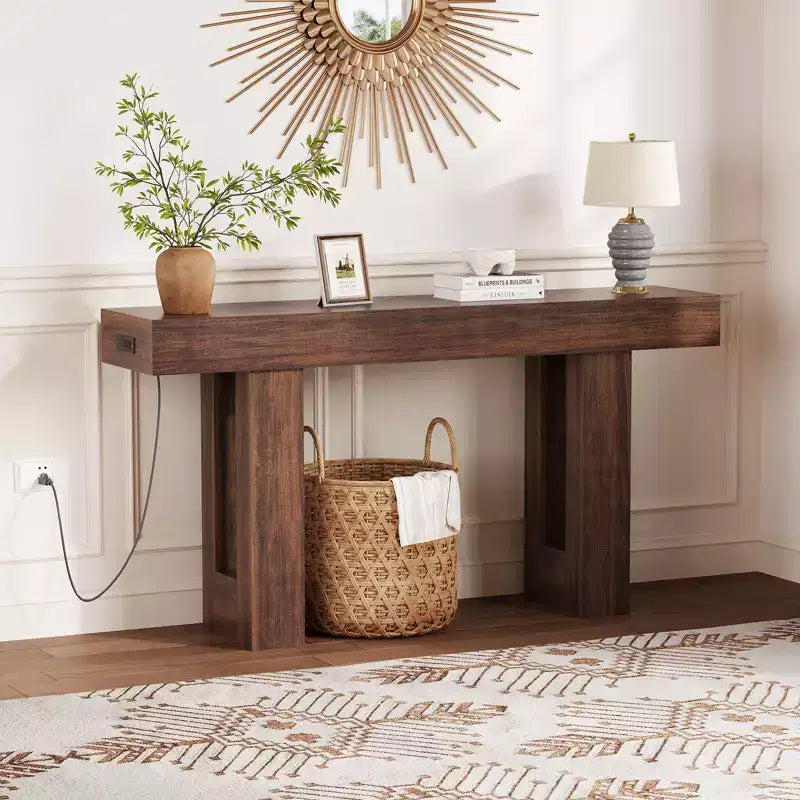 Sofa Console Table with Power Outlet, USB & Type-C Charging Ports, Extra Long Narrow Table for Entryway Hallway & Living Room