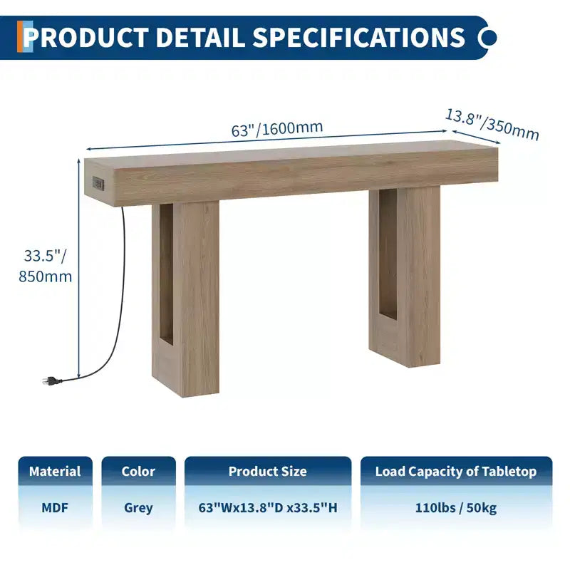 Sofa Console Table with Power Outlet, USB & Type-C Charging Ports, Extra Long Narrow Table for Entryway Hallway & Living Room