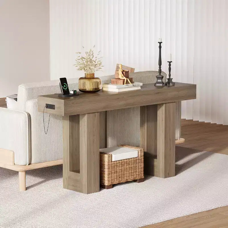 Sofa Console Table with Power Outlet, USB & Type-C Charging Ports, Extra Long Narrow Table for Entryway Hallway & Living Room