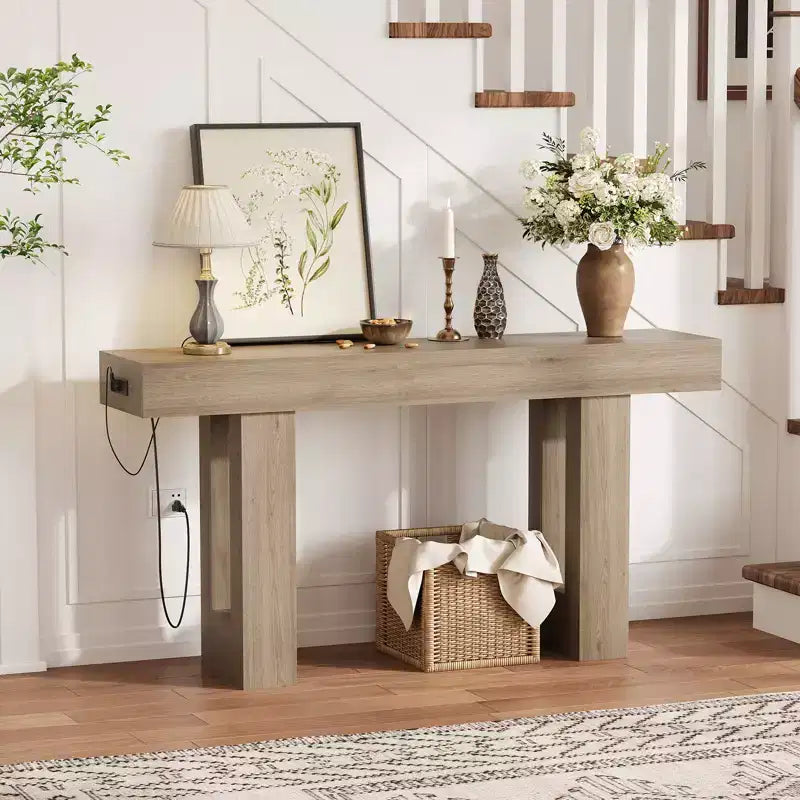 Sofa Console Table with Power Outlet, USB & Type-C Charging Ports, Extra Long Narrow Table for Entryway Hallway & Living Room