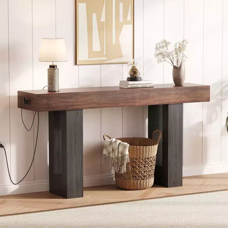 Sofa Console Table with Power Outlet, USB & Type-C Charging Ports, Extra Long Narrow Table for Entryway Hallway & Living Room