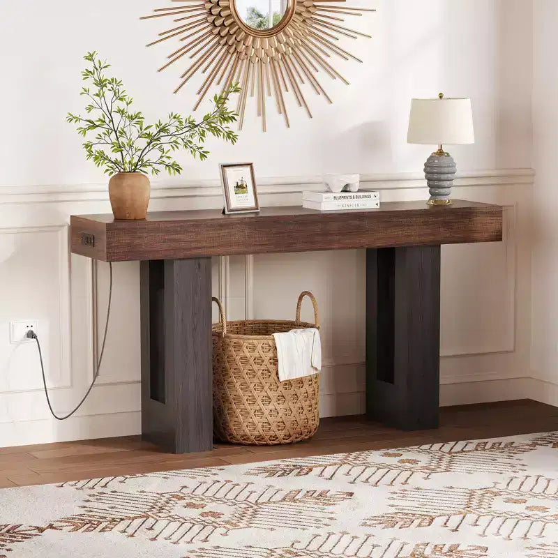 Sofa Console Table with Power Outlet, USB & Type-C Charging Ports, Extra Long Narrow Table for Entryway Hallway & Living Room