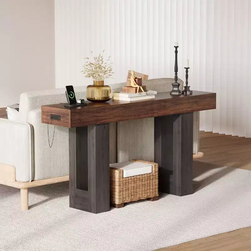 Sofa Console Table with Power Outlet, USB & Type-C Charging Ports, Extra Long Narrow Table for Entryway Hallway & Living Room