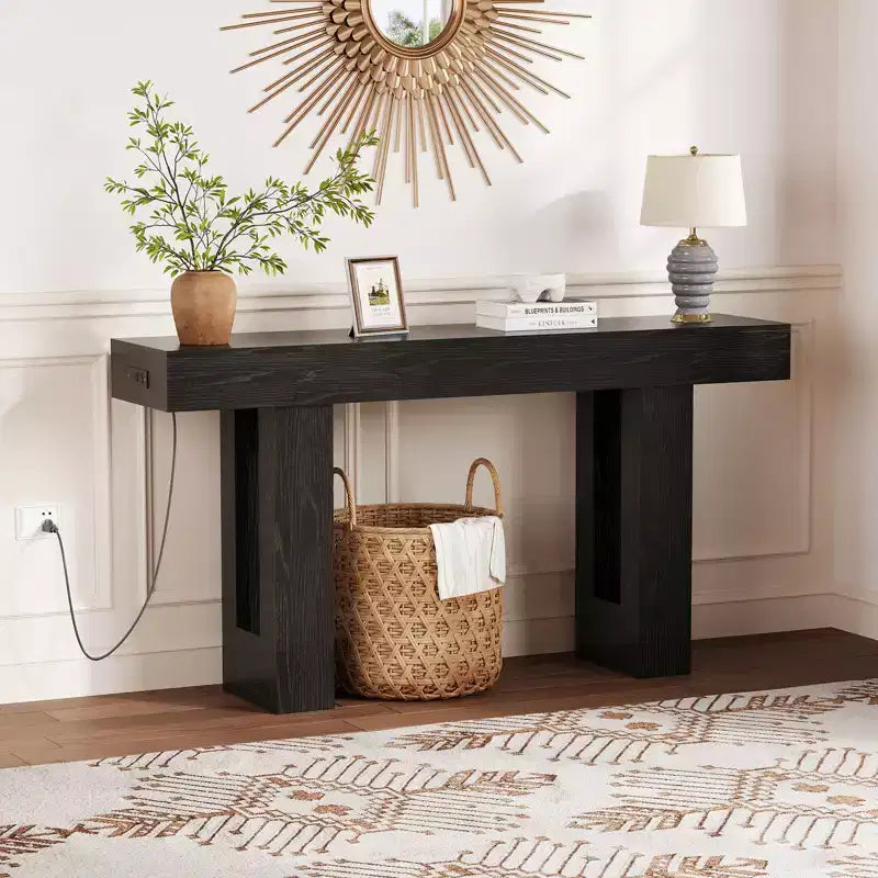 Sofa Console Table with Power Outlet, USB & Type-C Charging Ports, Extra Long Narrow Table for Entryway Hallway & Living Room
