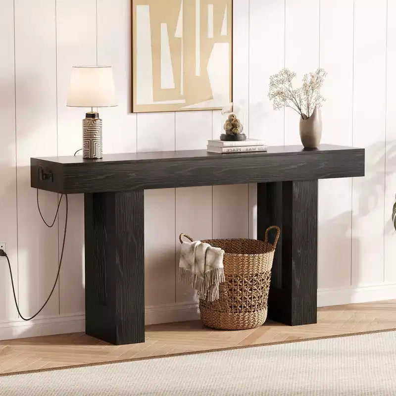 Sofa Console Table with Power Outlet, USB & Type-C Charging Ports, Extra Long Narrow Table for Entryway Hallway & Living Room