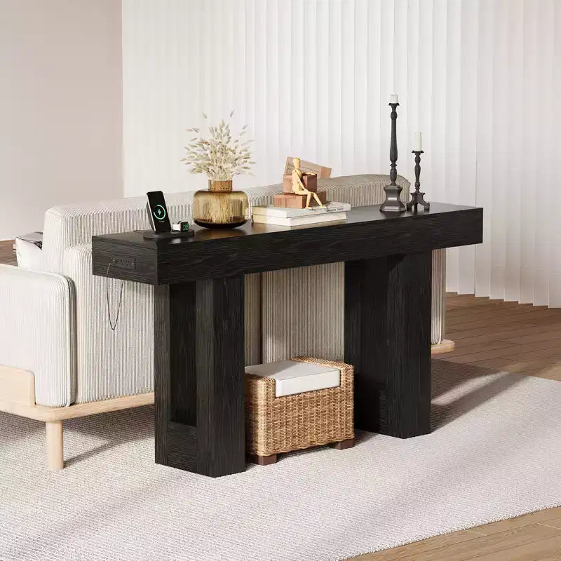Sofa Console Table with Power Outlet, USB & Type-C Charging Ports, Extra Long Narrow Table for Entryway Hallway & Living Room