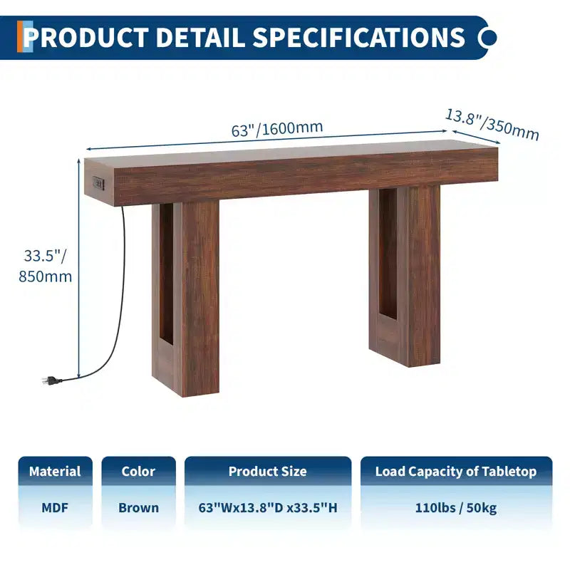 Sofa Console Table with Power Outlet, USB & Type-C Charging Ports, Extra Long Narrow Table for Entryway Hallway & Living Room