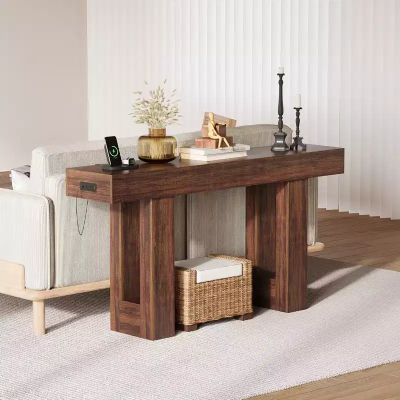 Sofa Console Table with Power Outlet, USB & Type-C Charging Ports, Extra Long Narrow Table for Entryway Hallway & Living Room