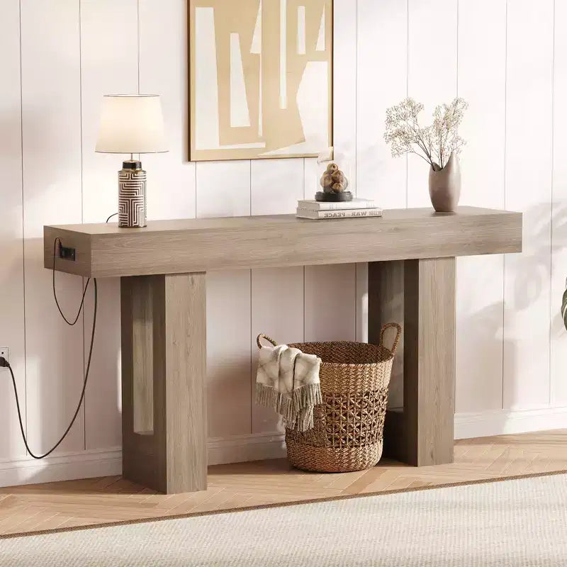Sofa Console Table with Power Outlet, USB & Type-C Charging Ports, Extra Long Narrow Table for Entryway Hallway & Living Room