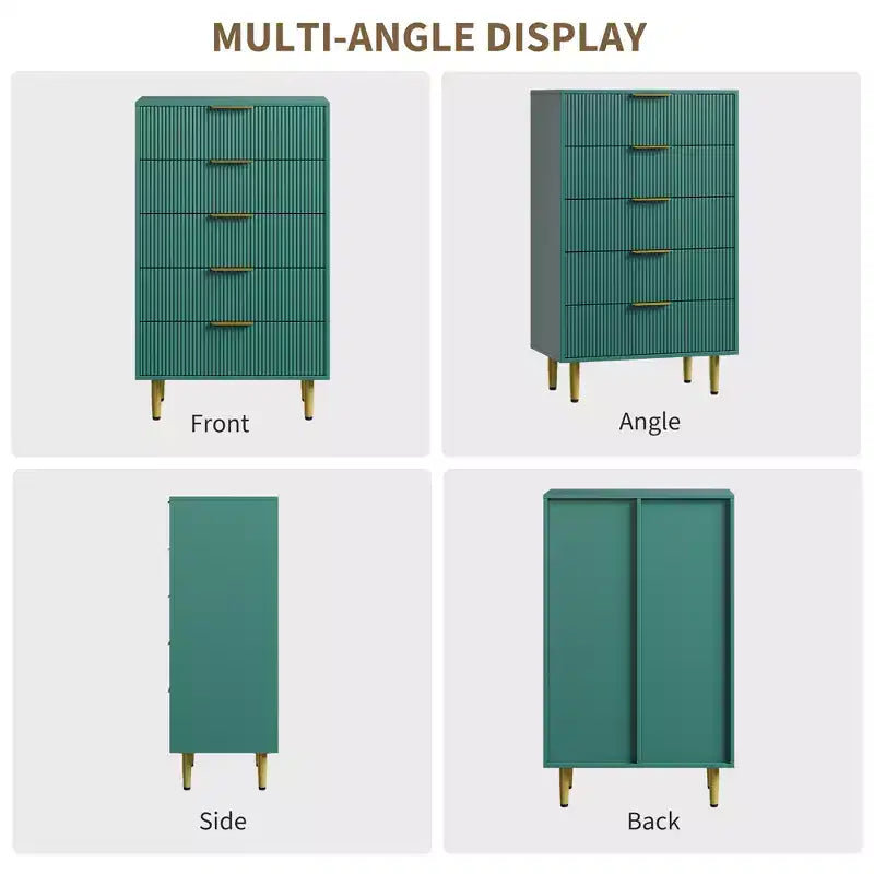 Commode à 5 tiroirs pour chambre à coucher, commode en bois de 29,5 pouces, commode cannelée avec poignées en métal doré, organisateur grande capacité pour couloir et entrée