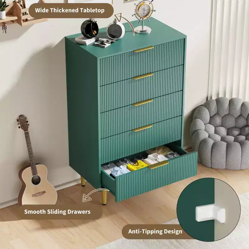 Commode à 5 tiroirs pour chambre à coucher, commode en bois de 29,5 pouces, commode cannelée avec poignées en métal doré, organisateur grande capacité pour couloir et entrée